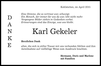 Anzeige von Karl Gekeler von Reutlinger Generalanzeiger