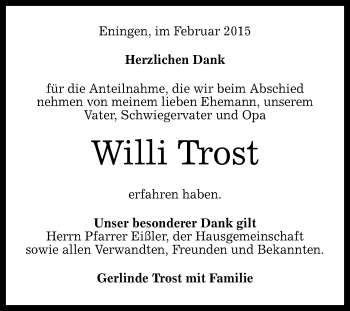 Anzeige von Willi Trost von Reutlinger Generalanzeiger