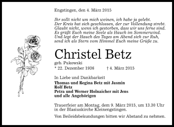 Anzeige von Christel Betz von Reutlinger Generalanzeiger
