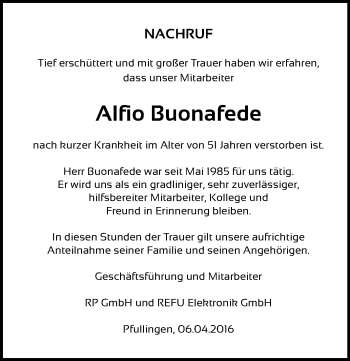 Anzeige von Alfio Buonafede von Reutlinger Generalanzeiger
