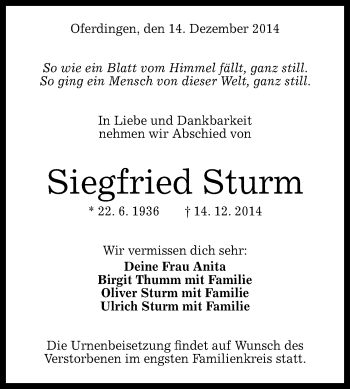 Anzeige von Siegfried Sturm von Reutlinger Generalanzeiger