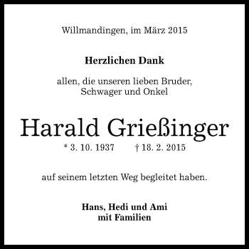 Anzeige von Harald Grießfinger von Reutlinger Generalanzeiger