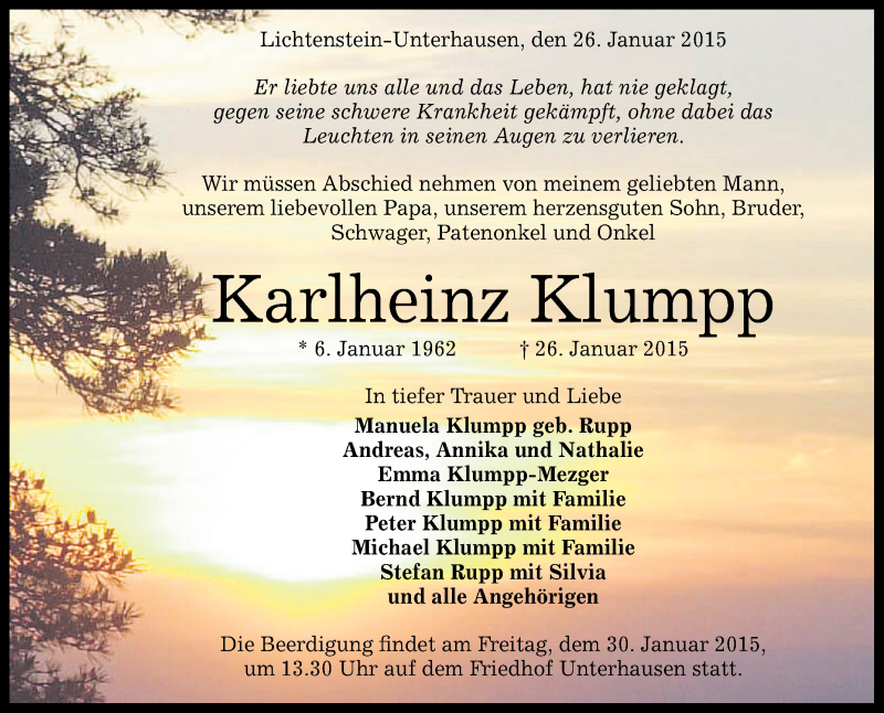  Traueranzeige für Karlheinz Klumpp vom 28.01.2015 aus Reutlinger Generalanzeiger