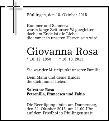 Anzeige von Giovanna Rosa von Reutlinger Generalanzeiger