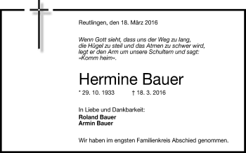 Anzeige von Hermine Bauer von Reutlinger Generalanzeiger