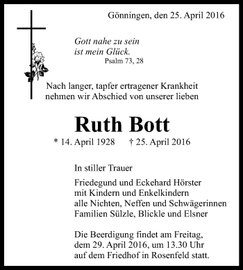 Anzeige von Ruth Bott von Reutlinger Generalanzeiger