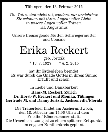 Anzeige von Erika Reckert von Reutlinger Generalanzeiger