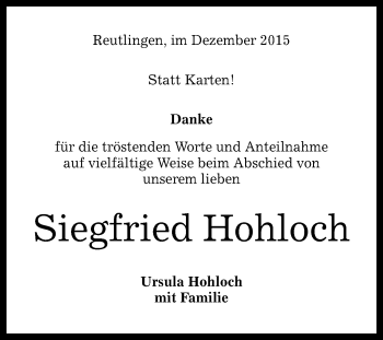 Anzeige von Siegfried Hohloch von Reutlinger Generalanzeiger
