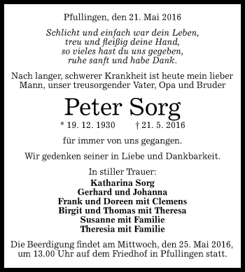Anzeige von Peter Sorg von Reutlinger Generalanzeiger