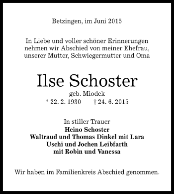 Anzeige von Ilse Schoster von Reutlinger Generalanzeiger