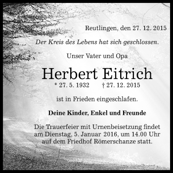 Anzeige von Herbert Eitrich von Reutlinger Generalanzeiger
