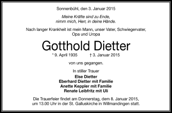 Anzeige von Gotthold Dietter von Reutlinger Generalanzeiger