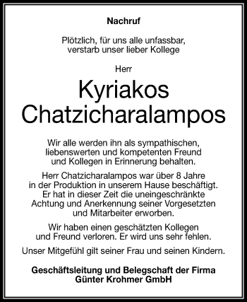 Anzeige von Kyriakos Chatzicharalampos von Reutlinger Generalanzeiger