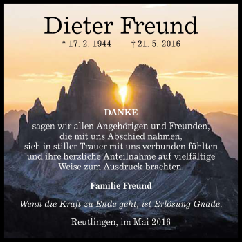 Anzeige von Dieter Freund von Reutlinger Generalanzeiger