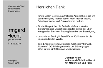 Anzeige von Irmgard Hecht von Reutlinger Generalanzeiger