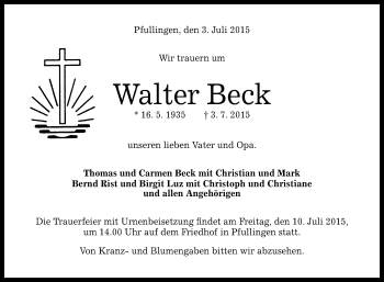 Anzeige von Walter Beck von Reutlinger Generalanzeiger