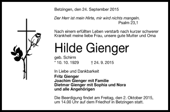 Anzeige von Hilde Gienger von Reutlinger Generalanzeiger