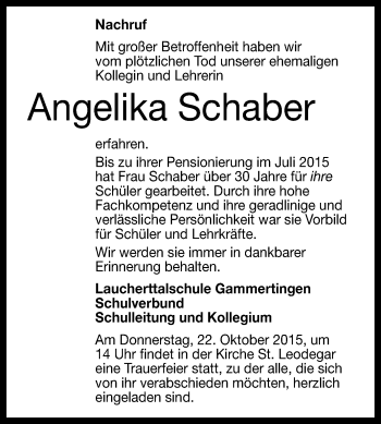 Anzeige von Angelika Schaber von Reutlinger Generalanzeiger
