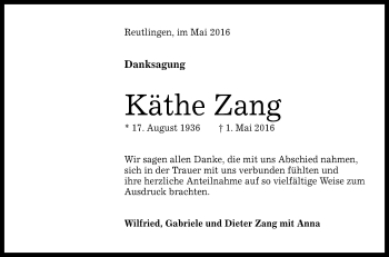 Anzeige von Käthe Zang von Reutlinger Generalanzeiger