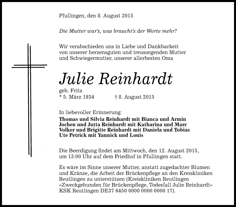  Traueranzeige für Julie Reinhardt vom 10.08.2015 aus Reutlinger Generalanzeiger