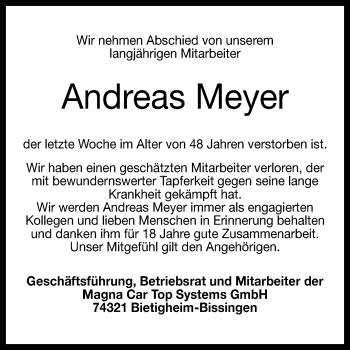 Anzeige von Andreas Meyer von Reutlinger Generalanzeiger