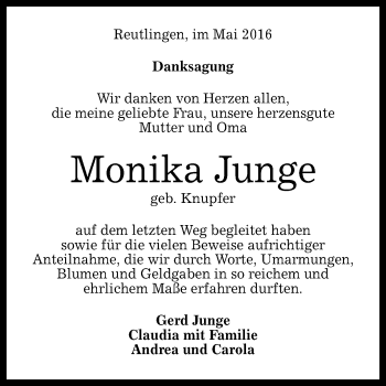 Anzeige von Monika Junge von Reutlinger Generalanzeiger