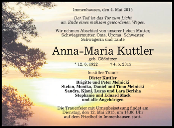 Anzeige von Anna-Maria Kuttler von Reutlinger Generalanzeiger