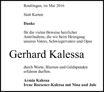 Anzeige von Gerhard Kalessa von Reutlinger Generalanzeiger