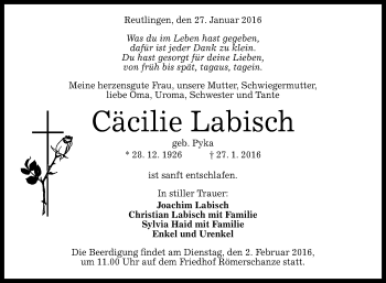 Anzeige von Cäcilie Labisch von Reutlinger Generalanzeiger