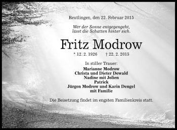 Anzeige von Fritz Modrow von Reutlinger Generalanzeiger
