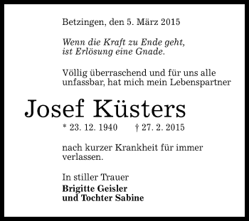 Anzeige von Josef Küsters von Reutlinger Generalanzeiger