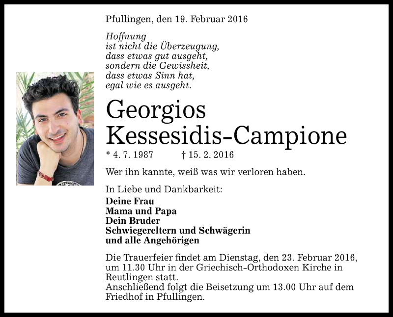  Traueranzeige für Georgios Kessesidis-Campione vom 19.02.2016 aus Reutlinger Generalanzeiger