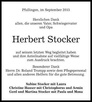 Anzeige von Herbert Stocker von Reutlinger Generalanzeiger