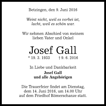Anzeige von Josef Gall von Reutlinger Generalanzeiger