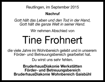 Anzeige von Tine Frohnert von Reutlinger Generalanzeiger