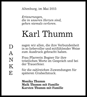 Anzeige von Karl Thumm von Reutlinger Generalanzeiger