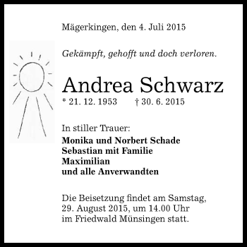 Anzeige von Andrea Schwarz von Reutlinger Generalanzeiger