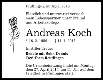 Anzeige von Andreas Koch von Reutlinger Generalanzeiger