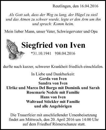 Anzeige von Siegfried von Iven von Reutlinger Generalanzeiger