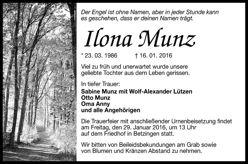  Traueranzeige für Ilona Munz vom 23.01.2016 aus Reutlinger Generalanzeiger