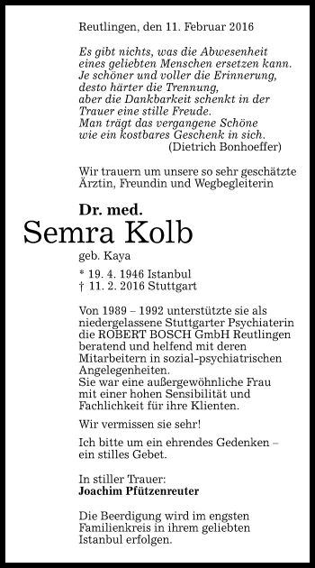 Anzeige von Semra Kolb von Reutlinger Generalanzeiger