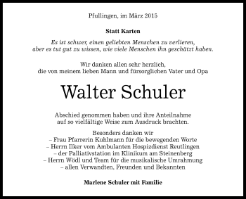 Anzeige von Walter Schuler von Reutlinger Generalanzeiger