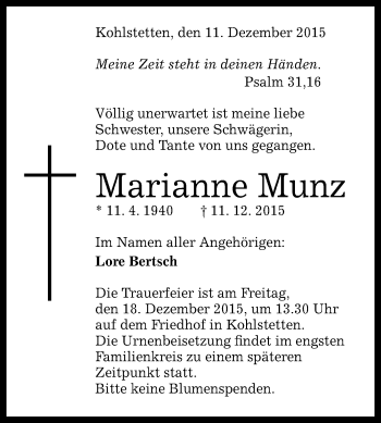 Anzeige von Marianne Munz von Reutlinger Generalanzeiger