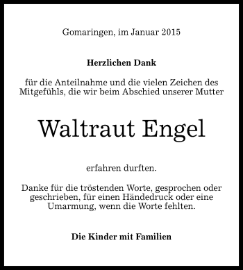 Anzeige von Waltraut Engel von Reutlinger Generalanzeiger