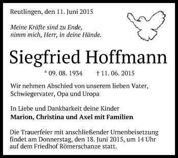 Anzeige von Siegfried Hoffmann von Reutlinger Generalanzeiger