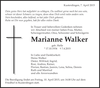 Anzeige von Marianne Walker von Reutlinger Generalanzeiger