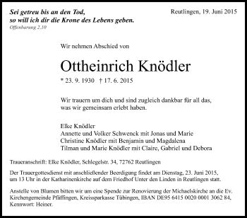 Anzeige von Ottheinrich Knödler von Reutlinger Generalanzeiger