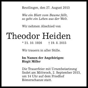 Anzeige von Theodor Heiden von Reutlinger Generalanzeiger