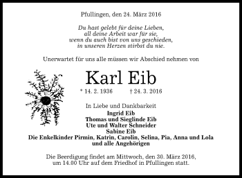 Anzeige von Karl Eib von Reutlinger Generalanzeiger