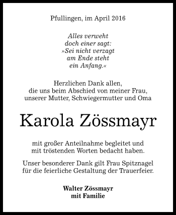Anzeige von Karola Zössmayr von Reutlinger Generalanzeiger